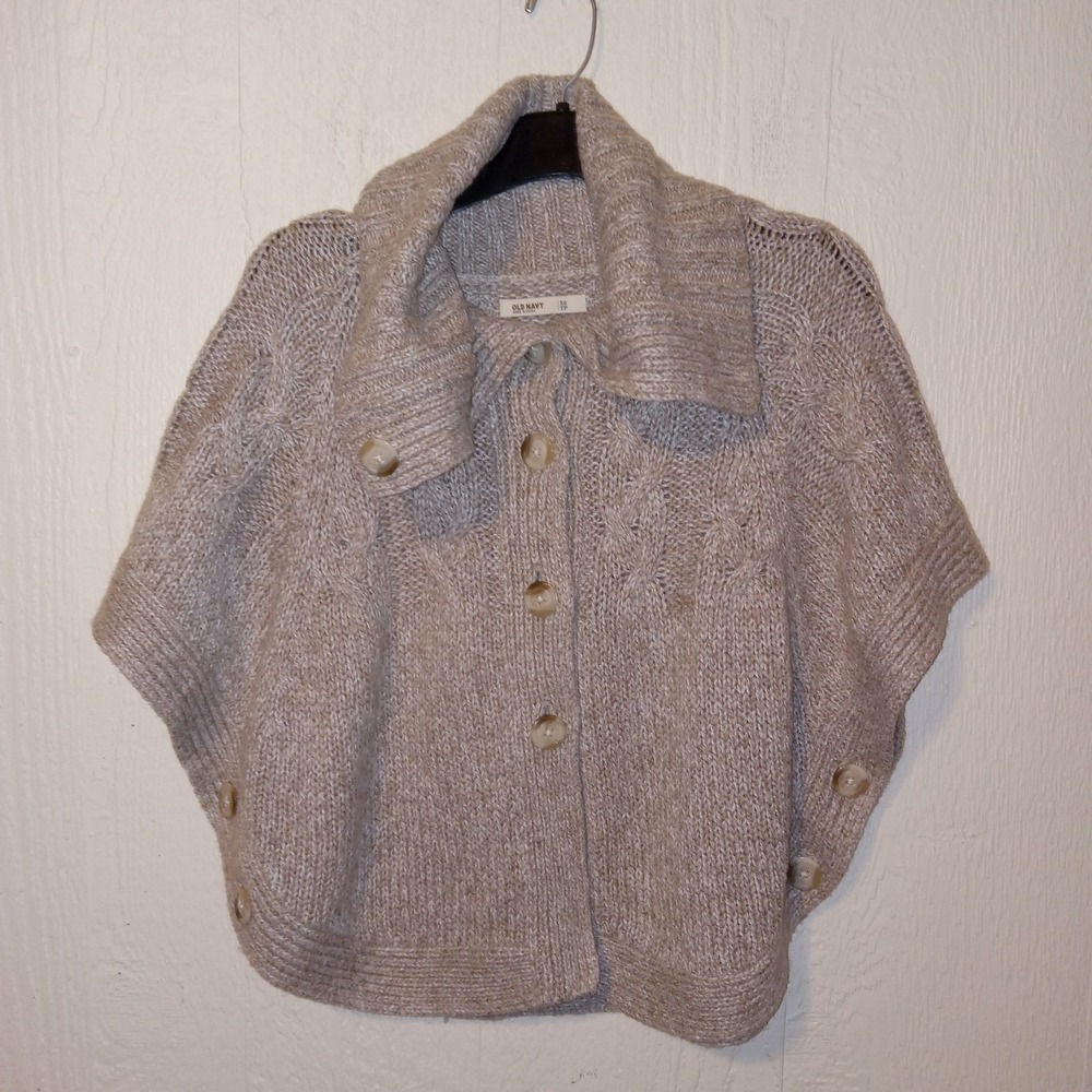 Old Navy Poncho Sweater Women XS Tan Cable Knit Button Front Wool Blend Shawl